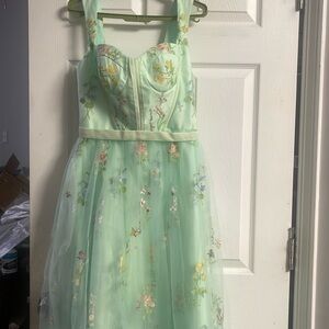 Dusty Sage Square Neck Floral Tulle A-line Tea Length Bridesmaid Dress